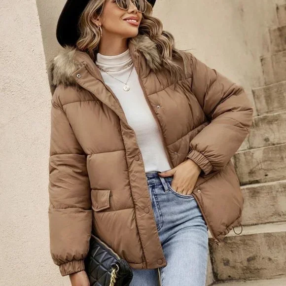 Tan Womens Hooded Puffer Coat - Picture 3 of 4